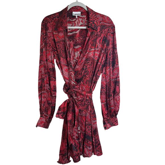 Ganni Women's Red Printed Silk-Blend Stretch Satin Mini Wrap Dress, Size 42,NWOT - Picture 3 of 8